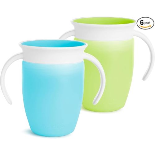 Munchkin Sippy Cup for 6 Month Old and Up, Spill Proof Miracle 360 Toddler Cups with Transition Handles, 7 Ounce, 2 count, Blue/Green (Pack of 6)