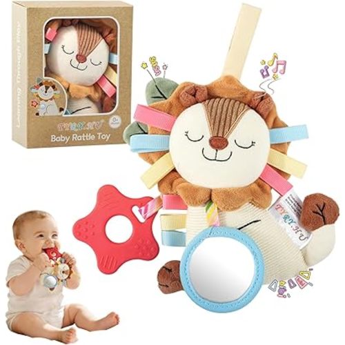TYRY.HU Car Seat & Stroller Activity Toy,Soft Plush Cot Hanging Toy, Baby Rattle Toy with Strap,Developmental Sensory Toy-Textured Ribbons&Teether&Mirror&Crinkle Sounds for Infants 0 3 6 12 Months