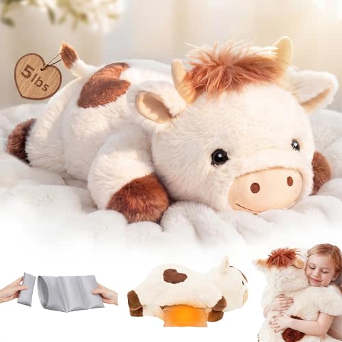 Mewaii Weighted Stuffed Animals for Adults & Kids, 2-5 lbs - 23" Heatable Coolable Cow Plush, Microwavable Adjustable Removable Inner Pad, Realistic Hug Comfort Gift (White)