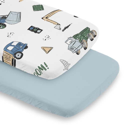 Sweet Jojo Designs Construction Truck Green Blue and Grey Baby Bassinet Fitted Sheets 2 Piece Set