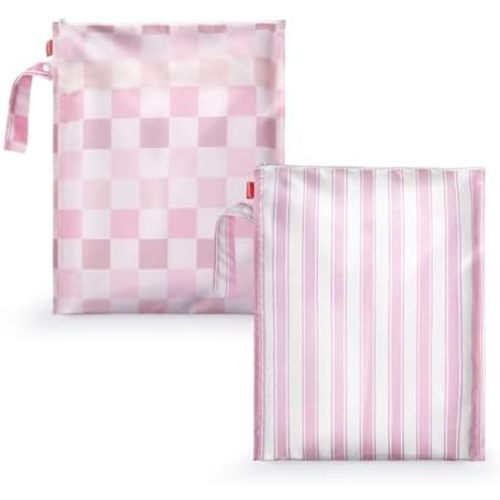 HECCEI Wet Dry Bag, 2-Pack Reusable Waterproof Wet Bags for Swimsuits & Baby Clothes, Leakproof Cloth Diaper Wet Bags for Travel & Diaper Changes (Pink Picnic)