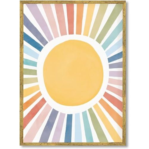 Balsuka Trendy Sun Nursery Wall Art Sunlight Canvas Print Boho Sunshine Kids Room Wall Decor Neutral Warm Aesthetic Painting Minimalist Baby Nursery Poster for Playroom Bedroom 12x16inch Golden Frame