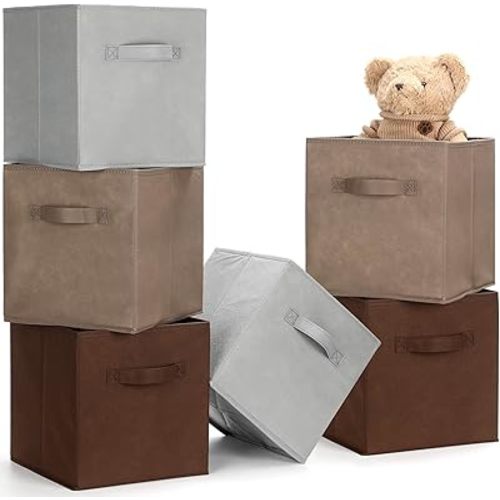 Karenhi 11" x 10. 5" x 10. 5" Brown Gray Storage Cube, 6 Pack Fabric Cube Storage Bins Organizer Box, Collapsible Baskets with Handles Foldable Shelf for Cloth Toys Home Room Closet, Pack of 6