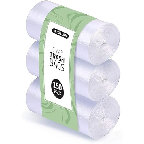 4 Gallon Trash Bags - 150 Small Mini Garbage Bags | 17" x 18" Clear Waste Basket Trash Bags | Bulk Plastic Bathroom Trash Can Liners
