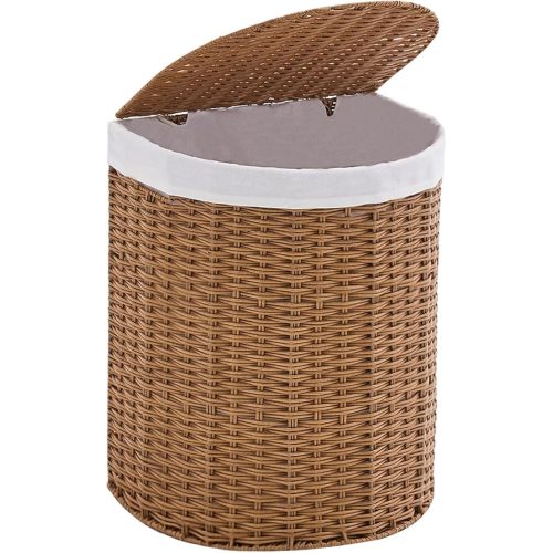 LGENHOOM Wicker Half Moon Laundry Basket with Lid and 2 Replaceable Liner Bags, Handwoven Rattan Hamper for Dirty Clothes, Rattan, 60L