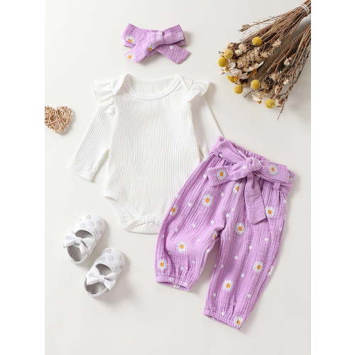 Loicainy Baby Toddler Girls Fall Outfit 3 6 12 18 24 Months Long Sleeve Romper with Flower Print Belted Pants and Headband Clothing Set