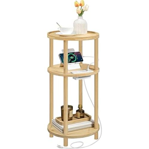 HOOBRO Small Round Side Table with Charging Station, 3-Tier Round Bamboo End Table, Compact Sofa Bedside Table for Small Space, Easy Assembly, for Living Room, Bedroom, Apartment, Natural YL152UBZ01
