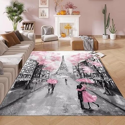 kxry 2 * 3 Feet Pink Paris Eiffel Tower Soft Area Rugs for Kids Girls Women French Style Couple Lover Flower Floor Carpet for Living Room Bedroom Dorms Nursery Rooms Home Decor Aesthetic