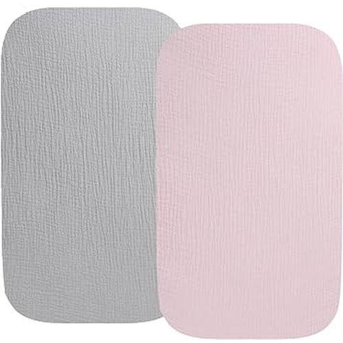 Muslin Bassinet Sheet Compatible with Mika Micky Bedside Sleeper 2 Pack Cotton Stylish Boho Fitted Bassinet Sheets Super Soft for Baby Grey & Pink
