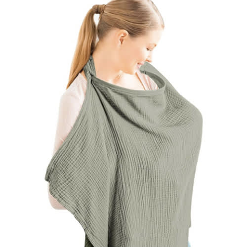 Konssy Muslin Nursing Cover for Baby Breastfeeding, Breathable 100% Cotton Breastfeeding Cover with Rigid Hoop for Mother Nursing Apron, Multi-use Carseat Canopy (Fog Green)
