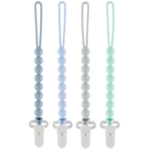 4-Pack Silicone Pacifier Clips with One-Piece Beads for Baby Boys and Girls - Flexible and Rust-Free Holders for Teething Relief and Baby Essentials(Blue)