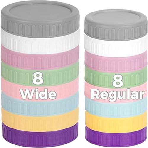 [16 Piece]8 Wide Mouth + 8 Regular Mouth Mason Jar Lids, Multi Color Plastic Lids for Mason Jars with Silicone Rings, Thickened Leak-Proof Canning Lids Regular Wide Mouth