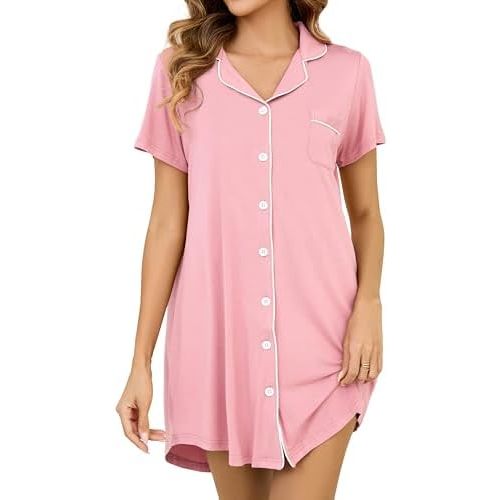 Nightgowns for Women Short Sleeve Button Down Nightshirt Soft Sleepshirt Boyfriend Pajama Dress