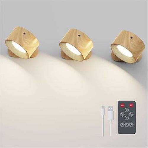 Deyagoo 3PACK Romote LED Wall Sconce - Rechargeable Wall Light, 3 Colors & 3 Brightness Levels, 360° Magnetic Rotating Head, Bedside Reading Lamp, Easy Install Battery Operated Lamp Wood