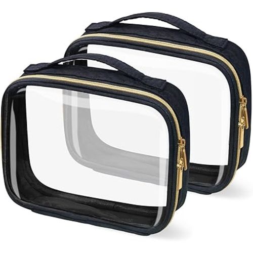 Travel Toiletry Bag,2 Pack Clear Makeup Bags with Handles,180°Opening Clear Cosmetic Bags for Traveling Women,Men,Travel Essentials,Black