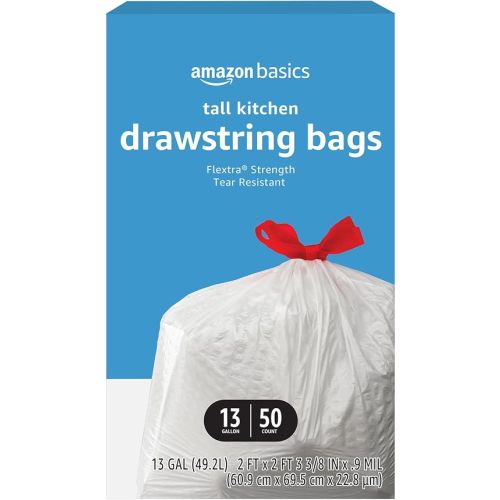 Amazon Basics 13 Gallon Flextra Strength Tall Kitchen Drawstring Trash Bags, Tear Resistant, 120 count