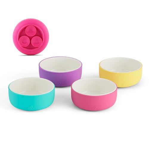 Elk and Friends Kids Porcelain Bowls with Silicone Suction Sleeves | Suitable for Babies/Toddlers | Microwave & Dishwasher Safe | Stay Put Dinnerware | Snack Dishes | 4 Pack