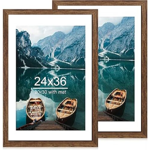 24x36 Poster Frame Set of 2, Rustic Brown Wood Style - Display 20x30 Picture with Mat or 24 x 36 Poster without Mat, Wall Mounting Horizontal and Vertical