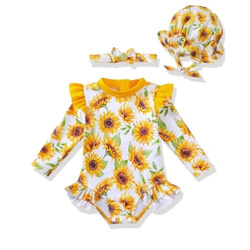 Renotemy Infant Baby Swimsuit Girls Toddler Long Sleeve Bathing Suit 3M-3T | Baby Girls Swimsuit, Infant Bathing Suit, Long Sleeve Zipper One-Piece Rash Guard Swim Suit with Hat, Ruffle Beach Essentials