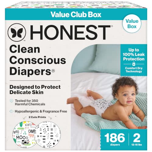 The Honest Company Diapers, Value Pack, Leak Protection, Size 2, 186 Count | Baby Diapers, Size 2 (12-18lbs), 186 Ct. Hypoallergenic, Fragrance-Free, Up To 100% Leak Protection, OEKO-TEX Certified.