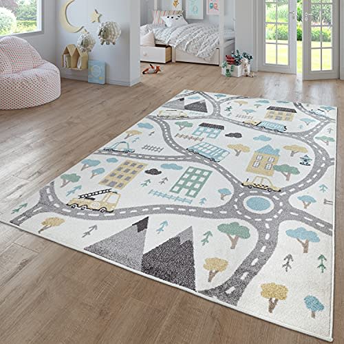 Paco Home Kids Rug for Nursery with Town Streets and Cars Motif in Pastel Cream, Size: 5' x 7'