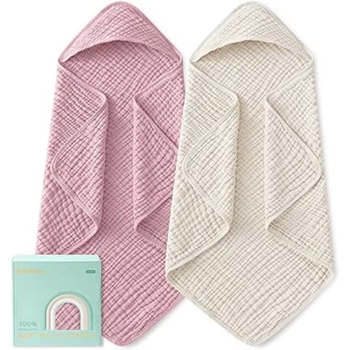 Yoofoss Hooded Baby Bath Towels 2 Pack 100% Muslin Organic Cotton with Hood | for Newborn, Babies, Infant, Toddler and Kids, 32x32 Inch, Soft and Absorbent, Baby Essential, Apricot & pink