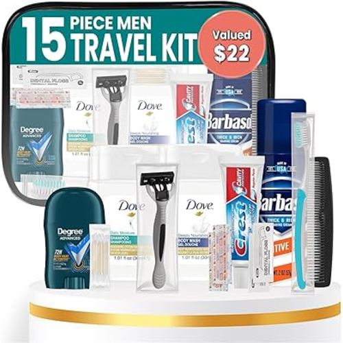 Trektote Travel Toiletry Kit For Men – 15 Piece Set Of, Featuring Top Brand Toiletries, TSA Compliant, Travel Essentials, Includes Shampoo Body Wash, Shaving Cream, Toiletry Bag & More