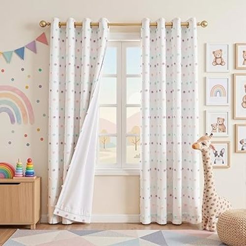 MEETSKY 100% Blackout Curtains for Nursery Bedroom 84 Inches Long 2 Panel, Total Light Blocking Grommet Thermal Insulated Window Curtains with Rainbow Pom Pom Sheer for Girls Room, 52" W x 84" L