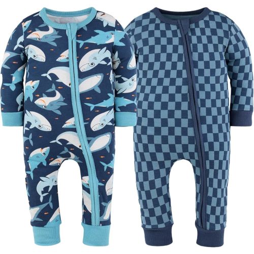 The Peanutshell 2-Pack Sleep and Play Baby Boy Clothes, Soft Cotton Footless Pajamas, Blue Checker & Happy Shark
