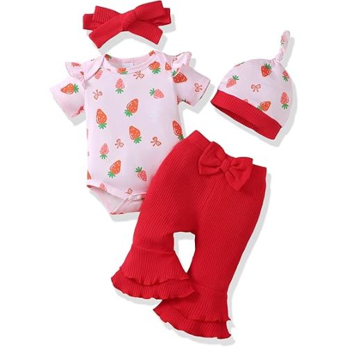 Renotemy Newborn Baby Girl Clothes Infant Romper Spring Summer Outfits Gifts Bell Bottoms Pant Sets for Girls Preemie-12Month