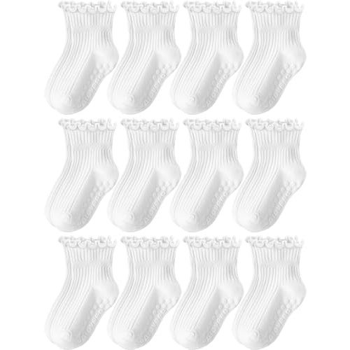 Aroveea Toddler Girls Socks 12 Pack Grip Non Slip Ruffle Frilly Cotton Socks for Toddlers Baby Girls Kids Cute 6M-7Years