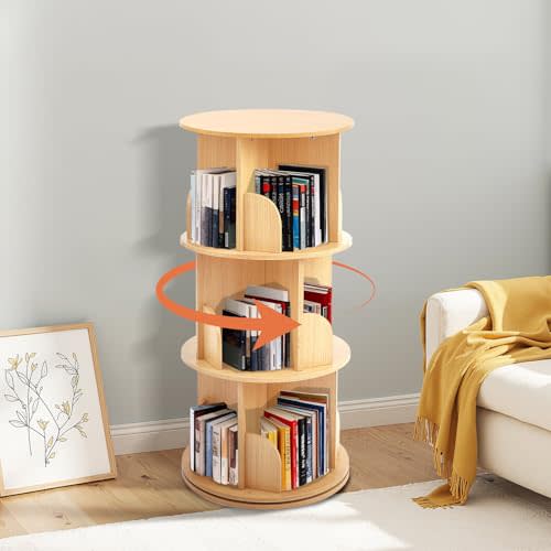 5/4/3/2-Tier Wooden Rotating Bookshelf, 360° Spinning Bookcase for Kids & Small Spaces, Corner Shelf Storage Organizer for Bedroom, Living Room,Multi-Functional Bookshelf Organizer (Wooden, 3 Tier)