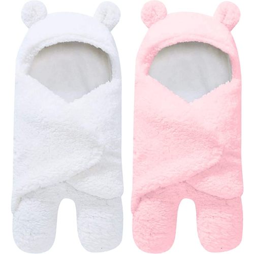 2 Pack Ultra Warm Sherpa Plush Baby Swaddle Wrap - Newborn Essentials for 0-6 Months - Shower Gifts for Boys Girls - Pink and White
