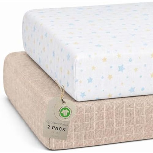 52"x 28" GOTS 100% Organic Cotton Fitted Crib Sheets 2 Pack (Beige/Star)