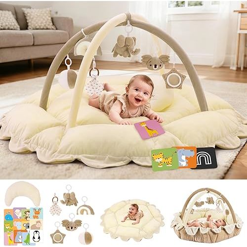 5-in-1 Baby Activity Gym & Play Mat with 6 Hanging Toys, Tummy Time Pillow & Cards - Extra Large, Reversible Machine Washable Pad - Gift for Newborns, Infants 0-12 Months, Cream
