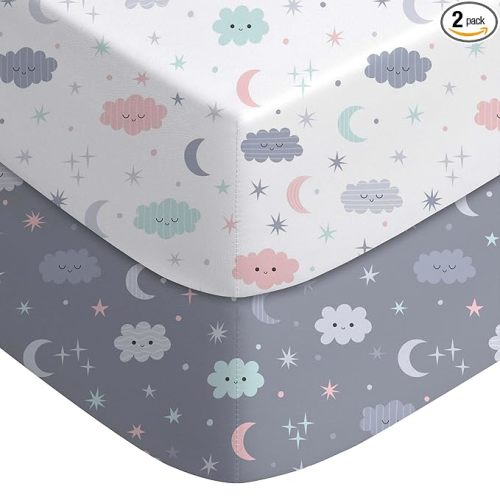 Yoofoss Pack and Play Sheets Fitted, Mini Crib Sheets 2-Pack for Pack N Play Mattress, Stretchy Playard Sheet, Soft and Breathable (Cloud)