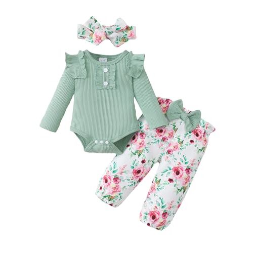 SUNNY PIGGY Baby Girl Clothes Infant Newborn Outfits Romper Pants Set Baby Girl Clothes With Headband 0-18 Months