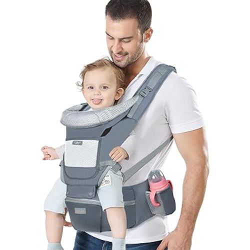Baby Carrier Ergonomic Infant Carrier with Hip Seat Kangaroo Bag Soft Baby Carrier Newborn to Toddler 7-45lbs Front and Back Baby Holder Carrier for Men Dad Mom
