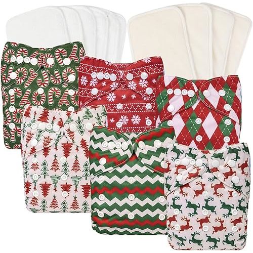 Babygoal Christmas Cloth Diapers 6 Pack with 10pcs Inserts, Reusable Adjustable Washable Baby Pocket Nappy Covers 6FN32