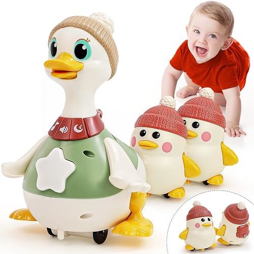 HOLA Musical Dancing Duck Toy Set with Mama and Babies, Tummy Time Baby Toys 6-12 Months, 2 Interactive Modes, Crawling Toys with Sounds & Lights, Birthday for 1 Year Old Boys Girls