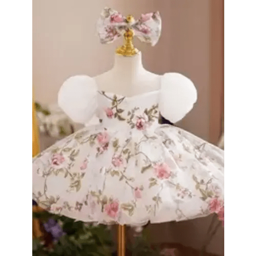 Baby Girl's Floral Print Contrast Mesh Maxi Dress & Bow Decor Hair Band, Puff Sleeve Zipper Back Party Dress for Party Performance Wedding Guest, Infant Toddler Kids Clothes for All Seasons, Lovely Bow Dress, Bubble Dress Girl - TikTok Shop
