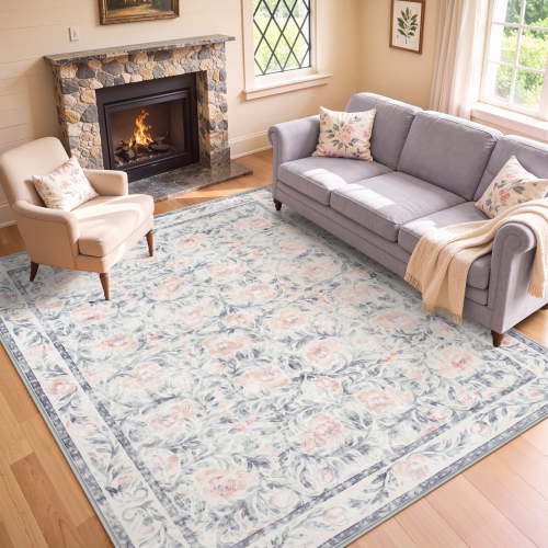 Lahome Decor 8'x10' Floral Living Room Rugs,8x10ft Boho Area Rug for Bedroom Machine Washable Rug- Non-Slip Soft Indoor Carpet, Stain Resistant Low Pile for Farmhouse,Dining Room,Office,Purple