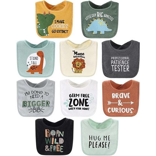 The Peanutshell Terry Bib Set for Baby Boys | 10 pack for Feeding, Teething, & Drooling | Dinosaur