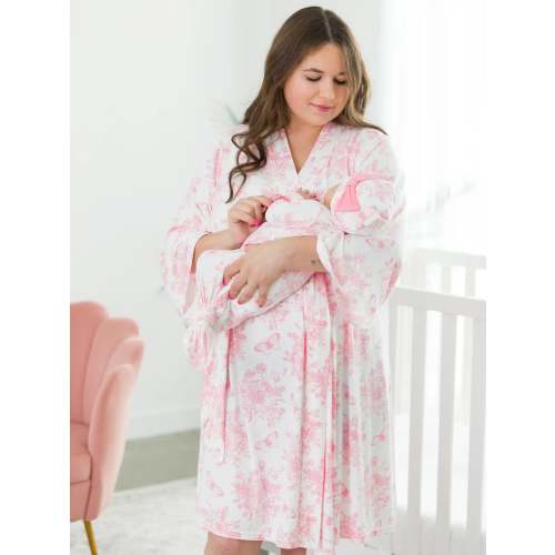 Butterfly Toile Maternity Robe + Newborn Gown Set