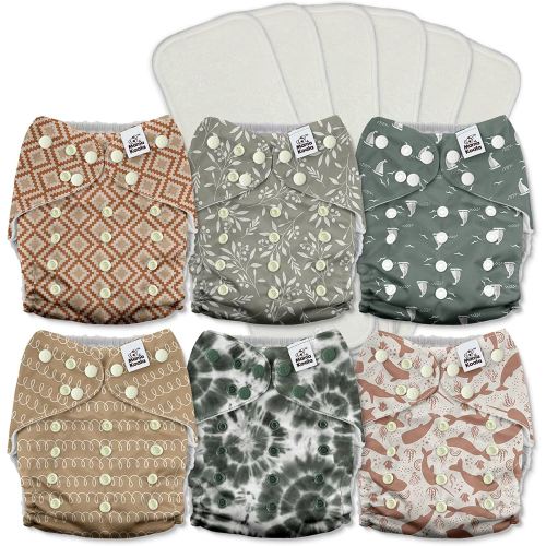 Mama Koala 3.0 Pocket Cloth Diapers for Babies with AWJ Lining, 6 Pack with 6 5-Layer Natural Cloth Diaper Inserts - Reusable and Washable Pocket Diapers(A-Calm Spring)