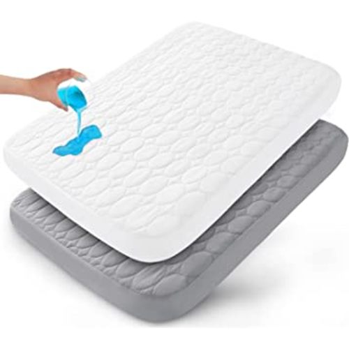 Pack and Play Sheets Fitted Quilted Waterproof Protector, 2 Pack Playard Mattress Pad Compatible with Graco Pack n Play, Mattress Cover fits for Baby Playpen Mattress, Mini Crib, Gray & White