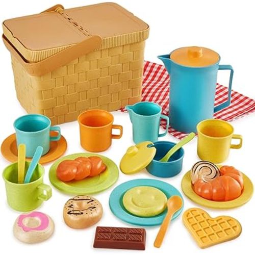 HERSITY Picnic Basket Toys for Toddlers, Kids Play Tea Sets with Teapot Tea Cup Dessert Food and Mat, Pretend Play Kitchen Accessories Tea Party Set Little Girl Boy 3 4 5 Years Old