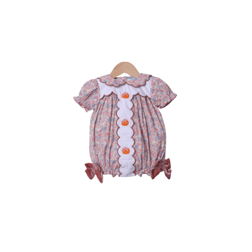 Hand Embroidered Floral Pink Bow Pumpkin Bubble