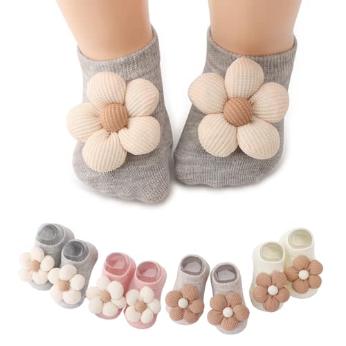 AQOKKA Flower Baby Girls Socks with Non-Slip Grips Cute Cotton Princess Low Newborn Baby Socks for Girls Toddler 0-12 Months