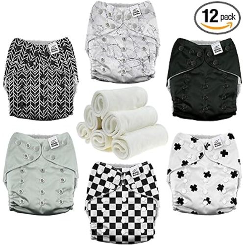 Mama Koala 3.0 Pocket Cloth Diapers for Babies with AWJ Lining, 6 Pack with 6 4-Layer Natural Cloth Diaper Inserts - Reusable and Washable Pocket Diapers (Black and White)